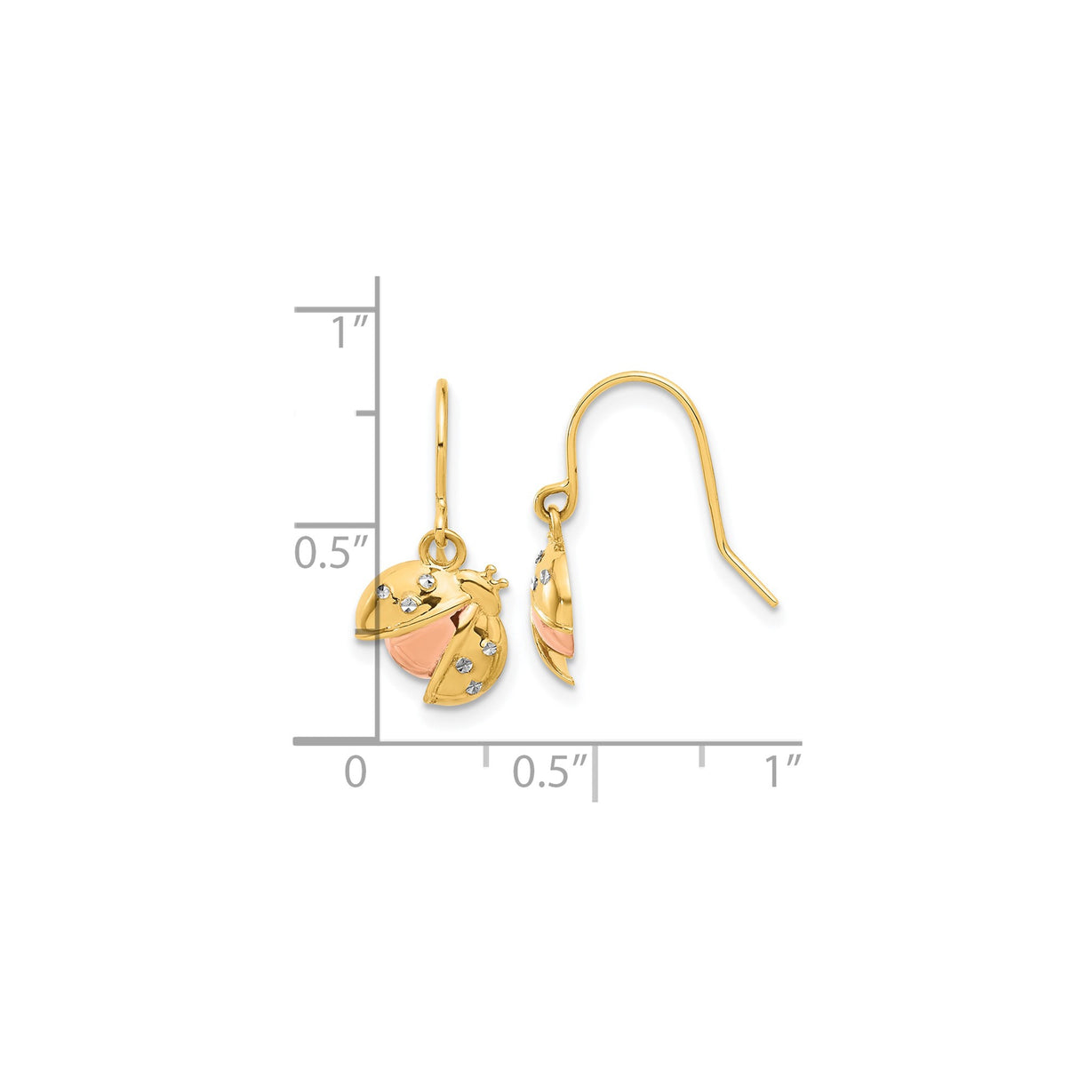 14k Yellow Gold Ladybug Dangle Earrings with Pink Enamel and Crystal Accents