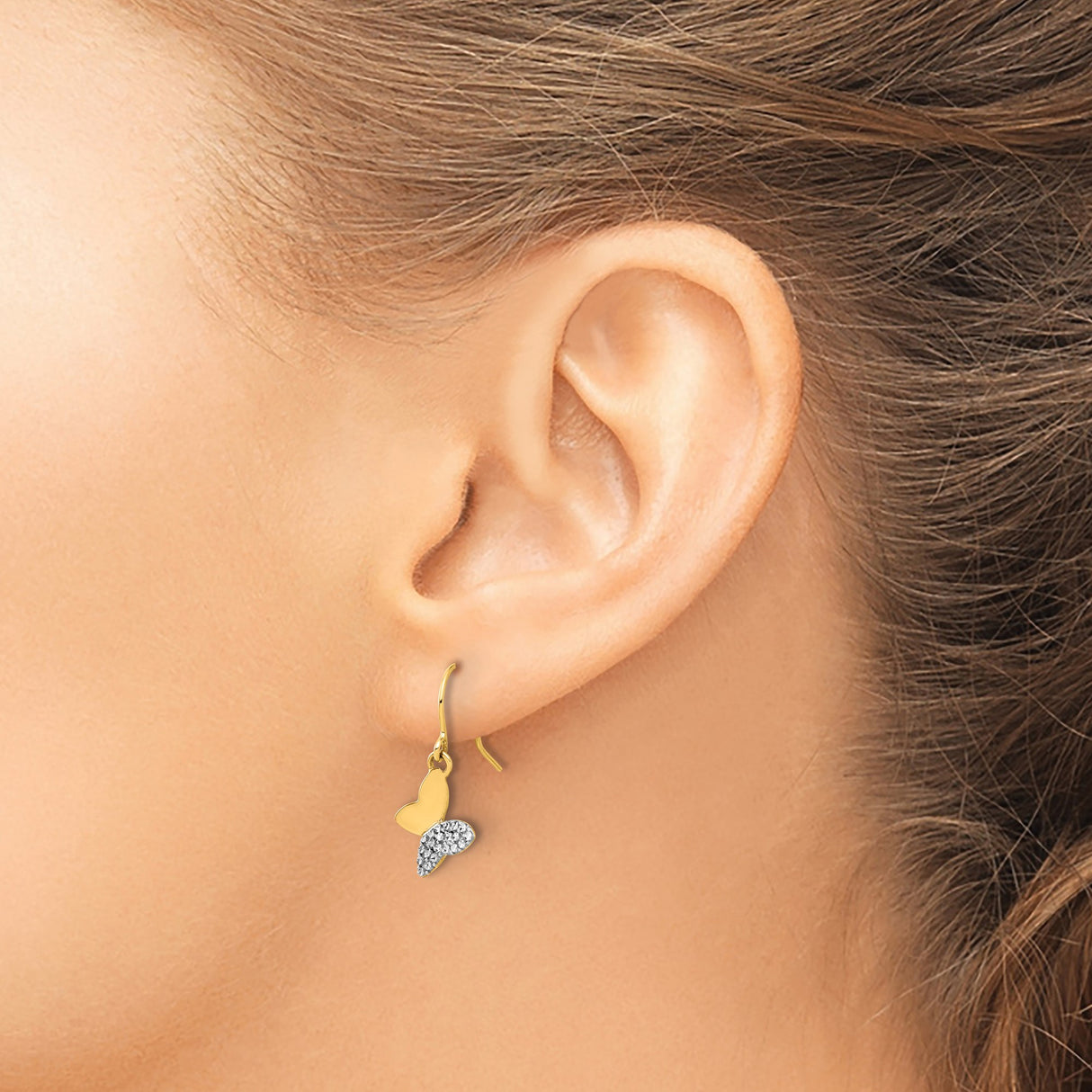 14k Yellow Gold Butterfly Dangle Earrings with Rhodium Accents, Two-Tone Drop Design