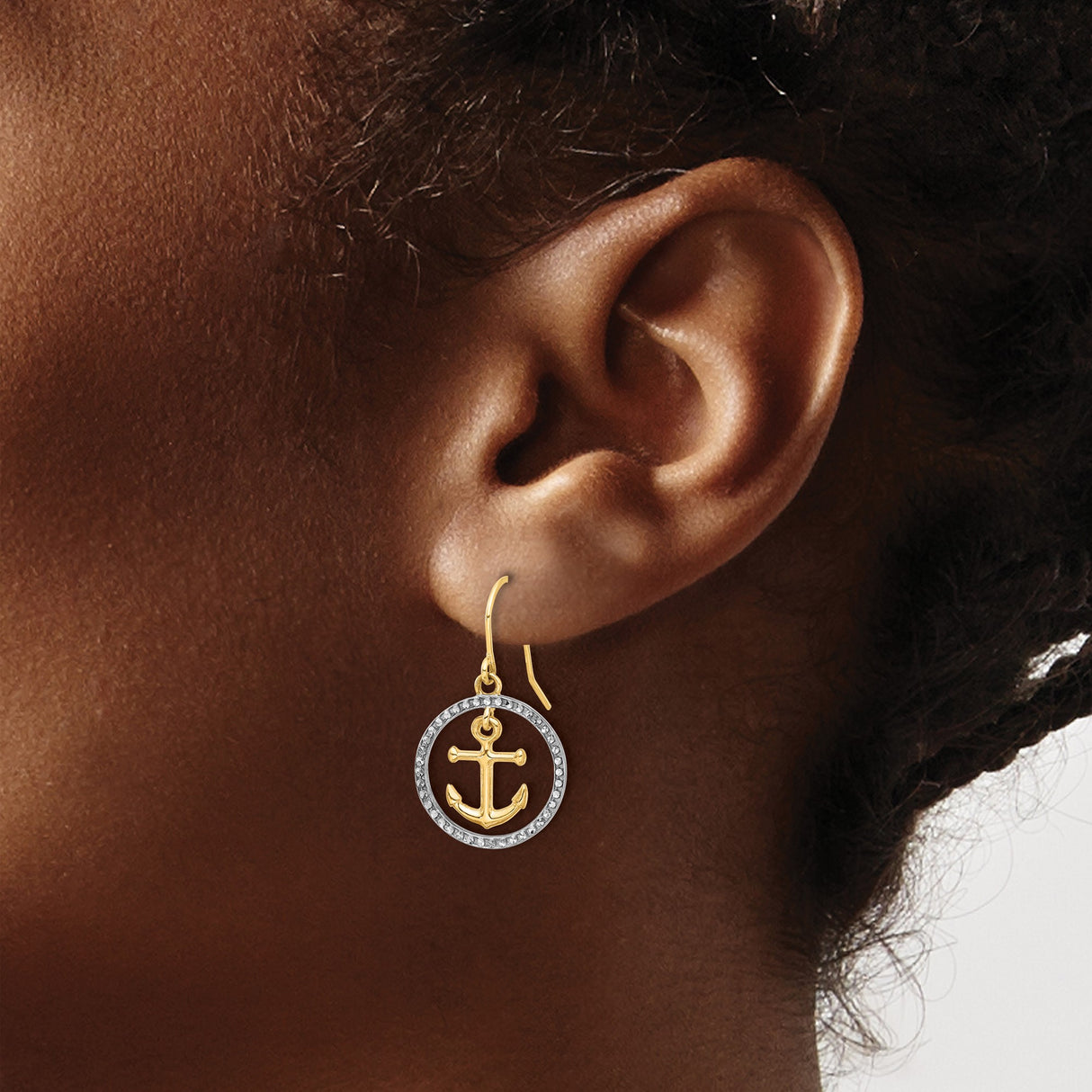 14k Yellow Gold Anchor Dangle Earrings with Two-Tone Circle Design and Textured Finish