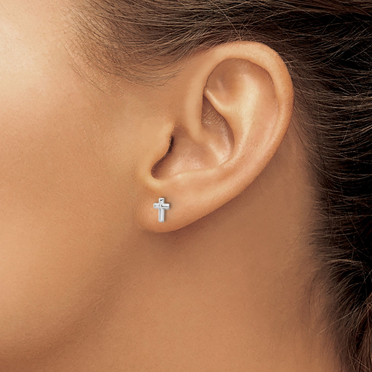14k White Gold Cross Stud Earrings, Polished Christian Symbol Design for Women
