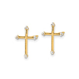 14k Yellow Gold Cross Stud Earrings with Rhodium Accents, Textured Christian Design