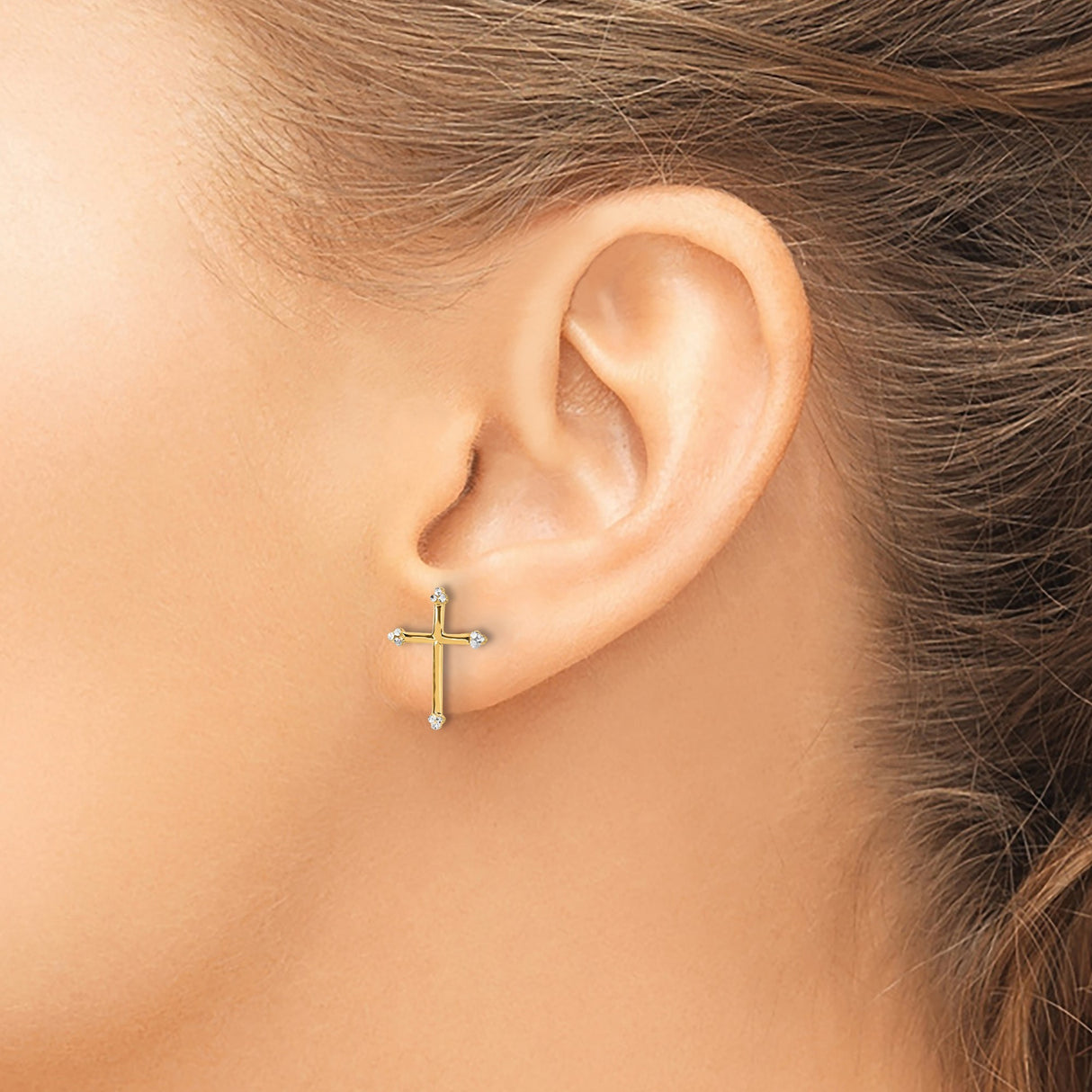 14k Yellow Gold Cross Stud Earrings with Rhodium Accents, Textured Christian Design