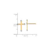 14k Yellow Gold Cross Stud Earrings with Rhodium Accents, Textured Christian Design