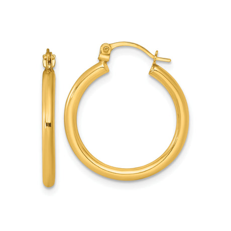 14k Yellow Gold Hoop Earrings, Polished Round Tube with Latch Back, Minimalist Everyday Style
