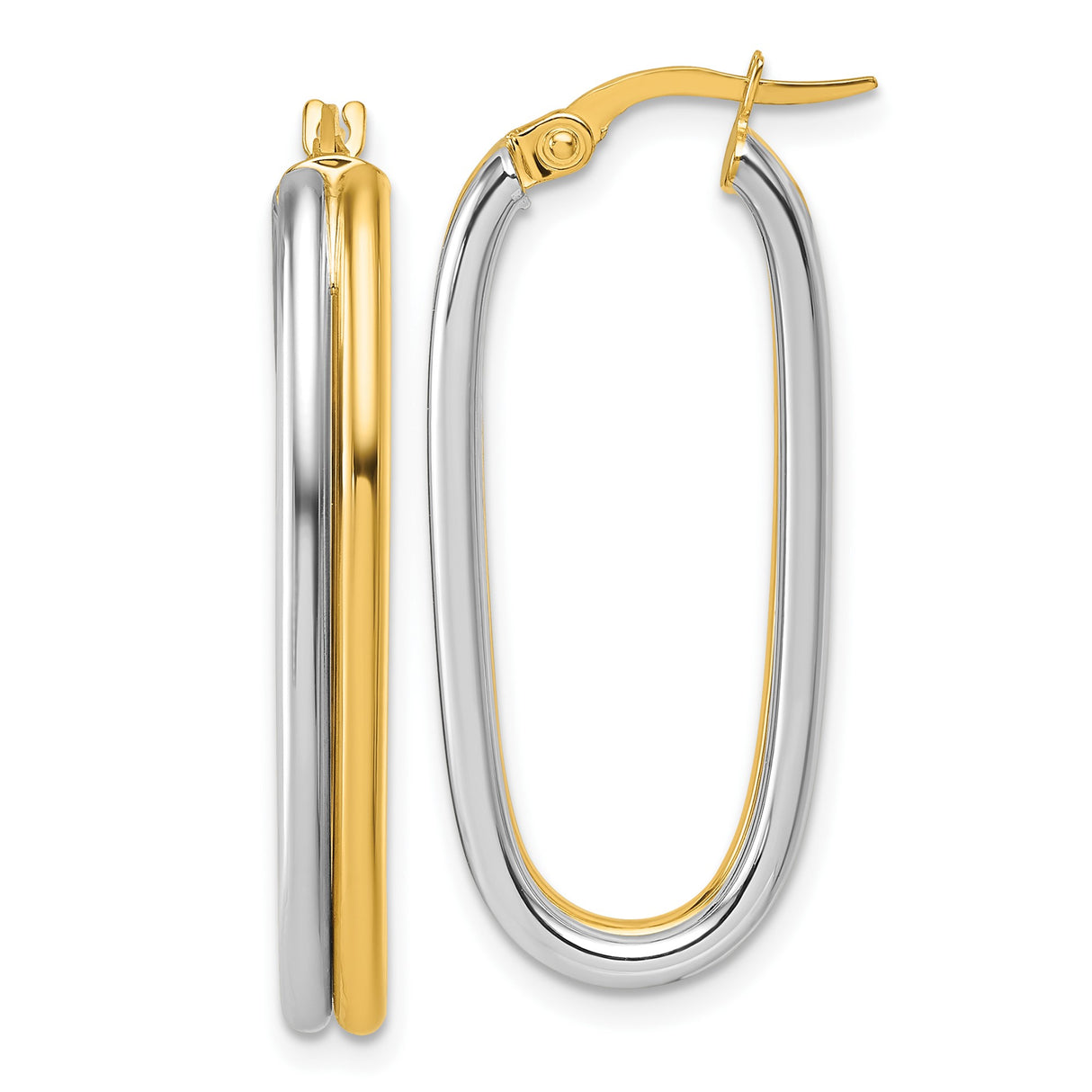 14k Yellow Gold and Rhodium Oval Hoop Earrings, Two-Tone Contemporary Design for Women