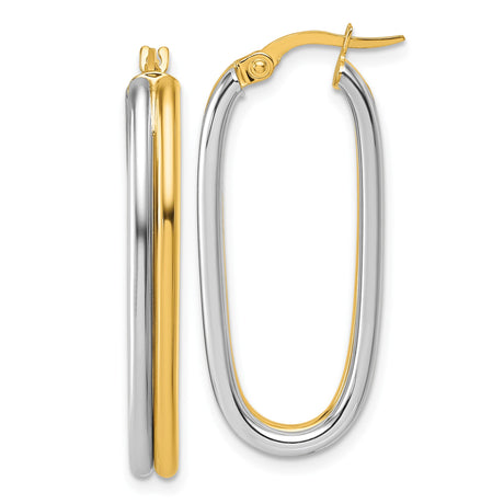14k Yellow Gold and Rhodium Oval Hoop Earrings, Two-Tone Contemporary Design for Women