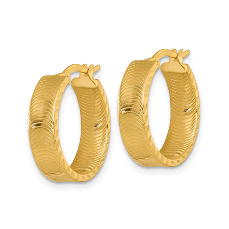 14k Yellow Gold Hoop Earrings, Textured Tube Design, High-Polish Finish, Lightweight Everyday Jewelry