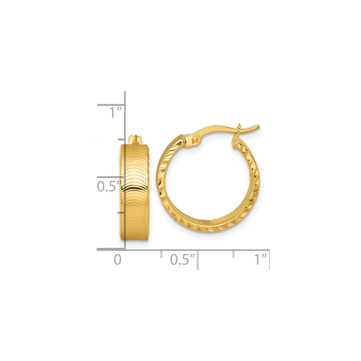 14k Yellow Gold Hoop Earrings, Textured Tube Design, High-Polish Finish, Lightweight Everyday Jewelry