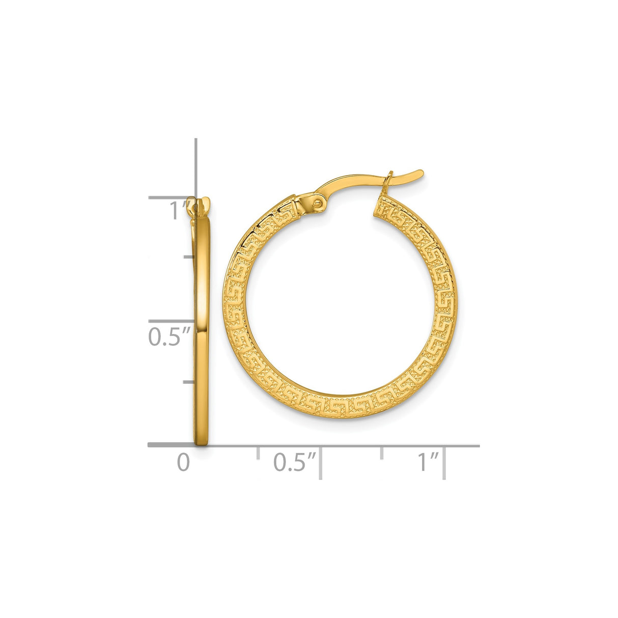 14k Yellow Gold Hoop Earrings with Greek Key Design and Polished Finish