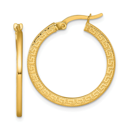14k Yellow Gold Hoop Earrings with Greek Key Design and Polished Finish
