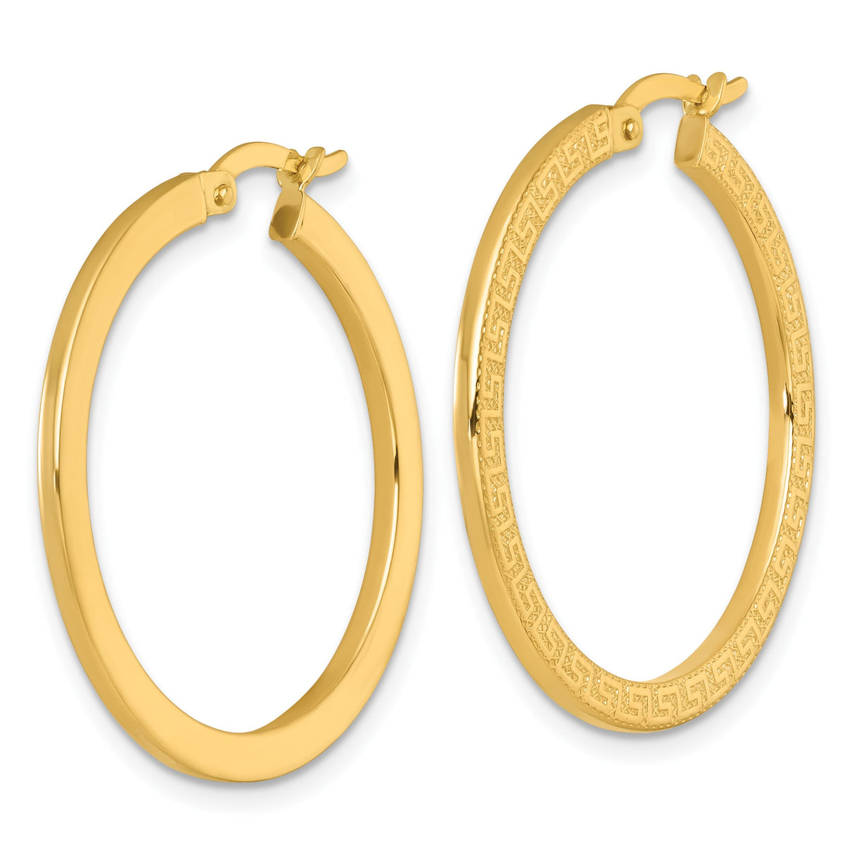 14k Yellow Gold Greek Key Hoop Earrings with Textured Detail, Classic Infinity Design