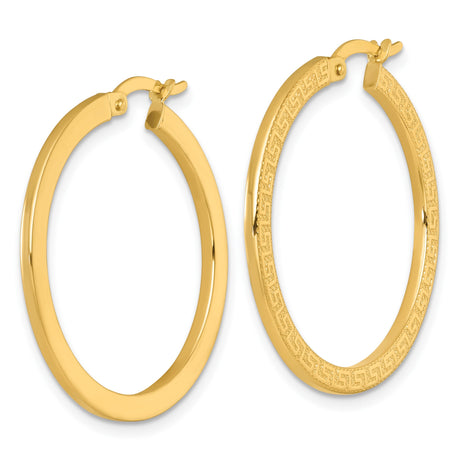 14k Yellow Gold Greek Key Hoop Earrings with Textured Detail, Classic Infinity Design