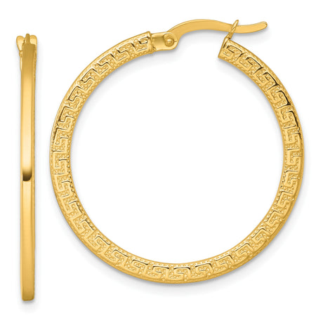14k Yellow Gold Greek Key Hoop Earrings with Textured Detail, Classic Infinity Design