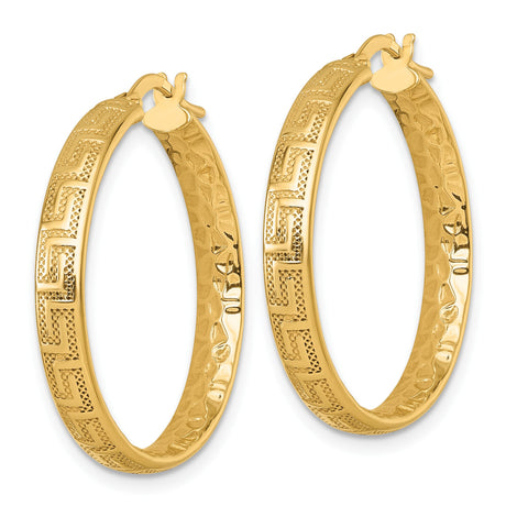 14k Yellow Gold Hoop Earrings with Greek Key Design and Polished Textured Finish for Women