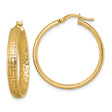 14k Yellow Gold Hoop Earrings with Greek Key Design and Polished Textured Finish for Women