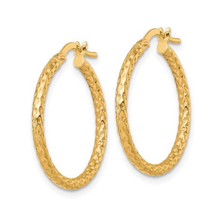 14k Yellow Gold Hoop Earrings, Textured Hammered Finish, Classic Lightweight Tube Style