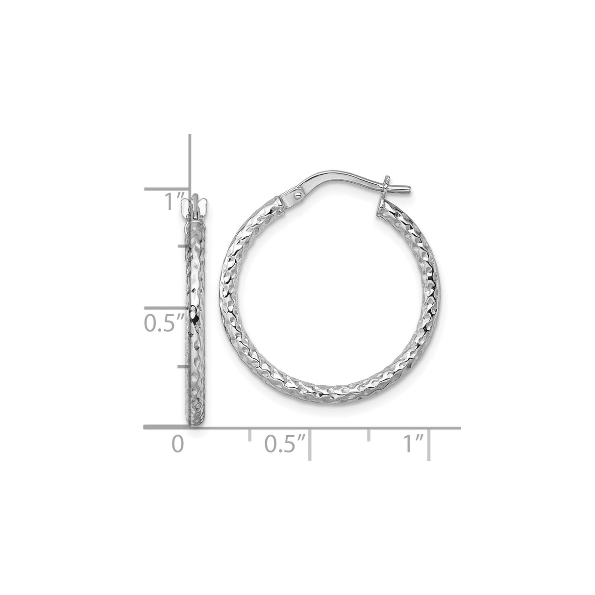 14k White Gold Hoop Earrings with Hammered Finish, Lightweight Textured Round Design for Women