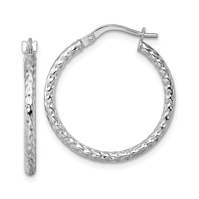 14k White Gold Hoop Earrings with Hammered Finish, Lightweight Textured Round Design for Women