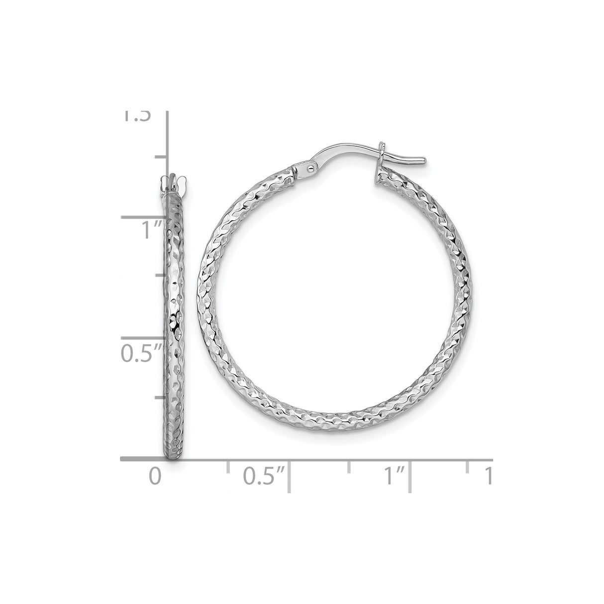 14k White Gold Hoop Earrings with Hammered Finish, Textured Round Design for Women