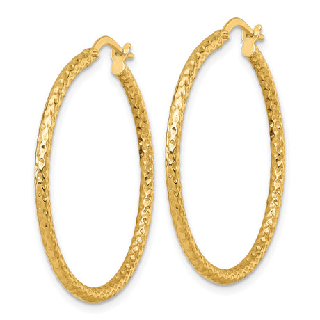 14k Yellow Gold Hoop Earrings, Lightweight Hammered Texture Round Hoops for Women
