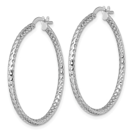 14k White Gold Hoop Earrings, Diamond Cut Textured Finish, Classic Round Hinged Design