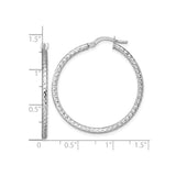 14k White Gold Hoop Earrings, Diamond Cut Textured Finish, Classic Round Hinged Design