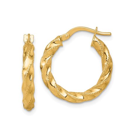 14k Yellow Gold Hoop Earrings with Twisted Swirl Design, Textured and Polished Finish