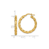 14k Yellow Gold Hoop Earrings, Twisted Tube Design, Polished Diamond-Cut Texture