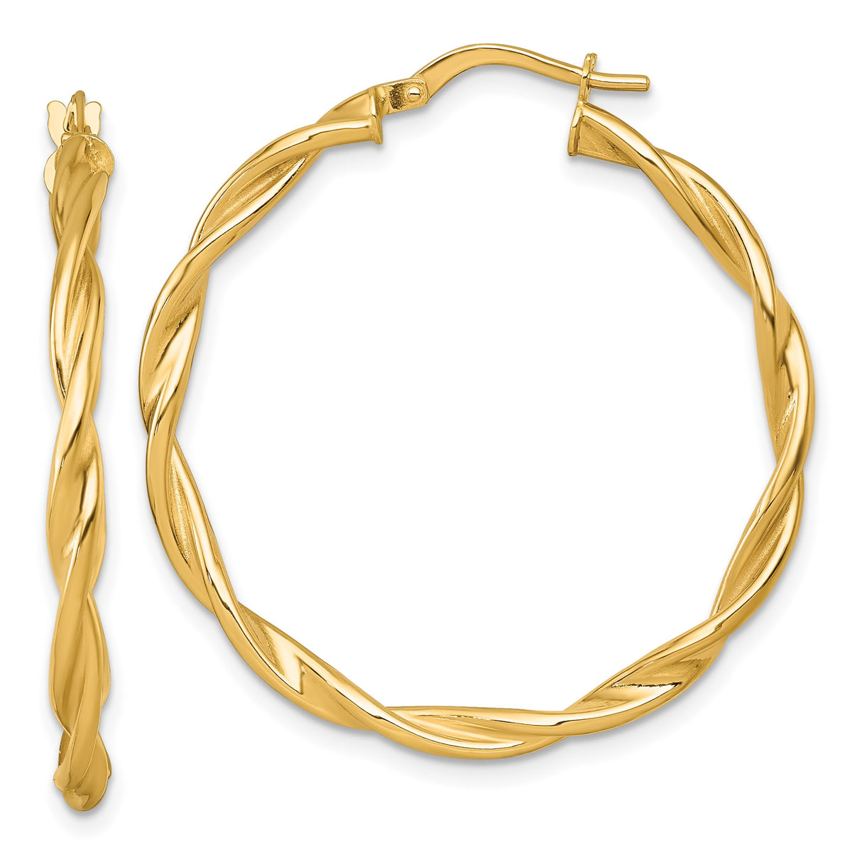 14k Yellow Gold Twisted Hoop Earrings, Polished Rope Design, Lightweight Medium Hoops
