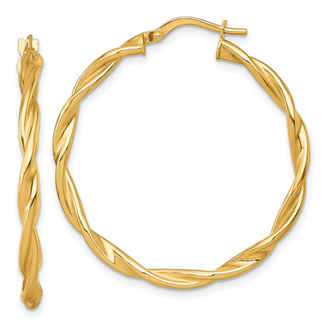 14k Yellow Gold Twisted Hoop Earrings, Polished Rope Design, Lightweight Medium Hoops