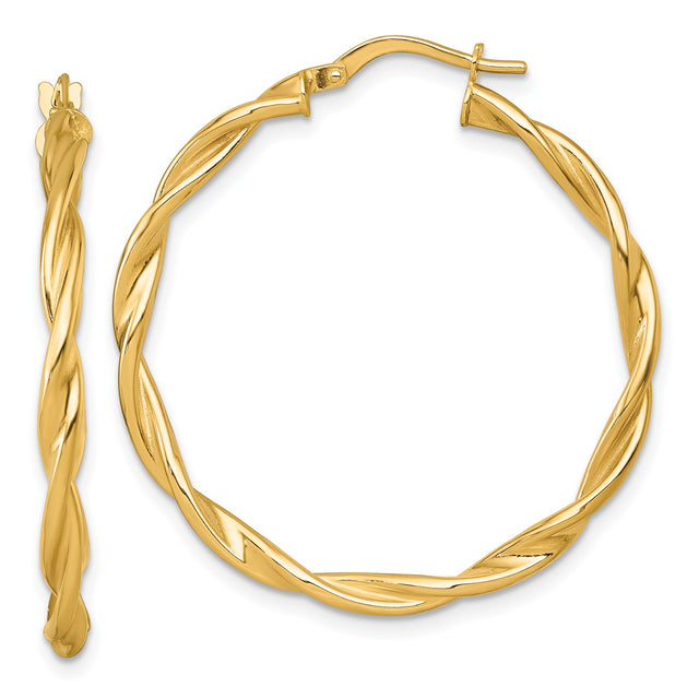 14k Yellow Gold Twisted Hoop Earrings, Polished Rope Design, Lightweight Medium Hoops