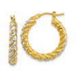 14k Yellow Gold Hoop Earrings, Two-Tone Rhodium Twisted Design with Diamond Cut Texture