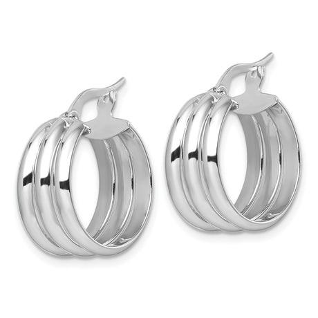 14k Yellow Gold Hoop Earrings, Rhodium Finished Triple Band, Sleek Modern Design for Women