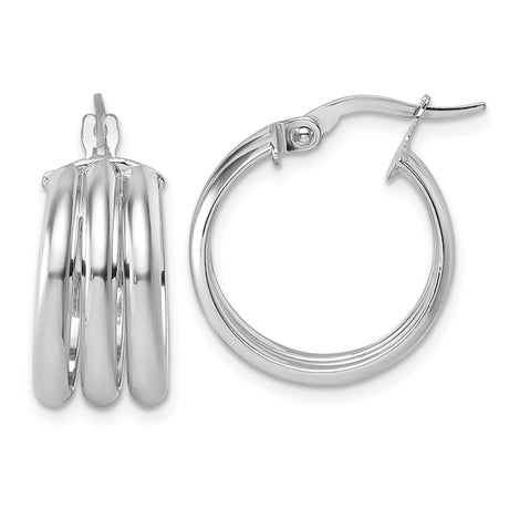 14k Yellow Gold Hoop Earrings, Rhodium Finished Triple Band, Sleek Modern Design for Women
