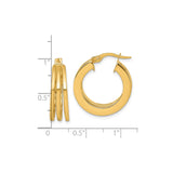 14k Yellow Gold Hoop Earrings, Triple Row High Polish Finish, Bold Classic Round Design