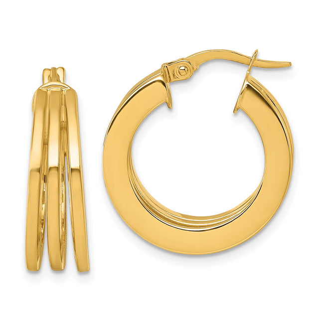 14k Yellow Gold Hoop Earrings, Triple Row High Polish Finish, Bold Classic Round Design