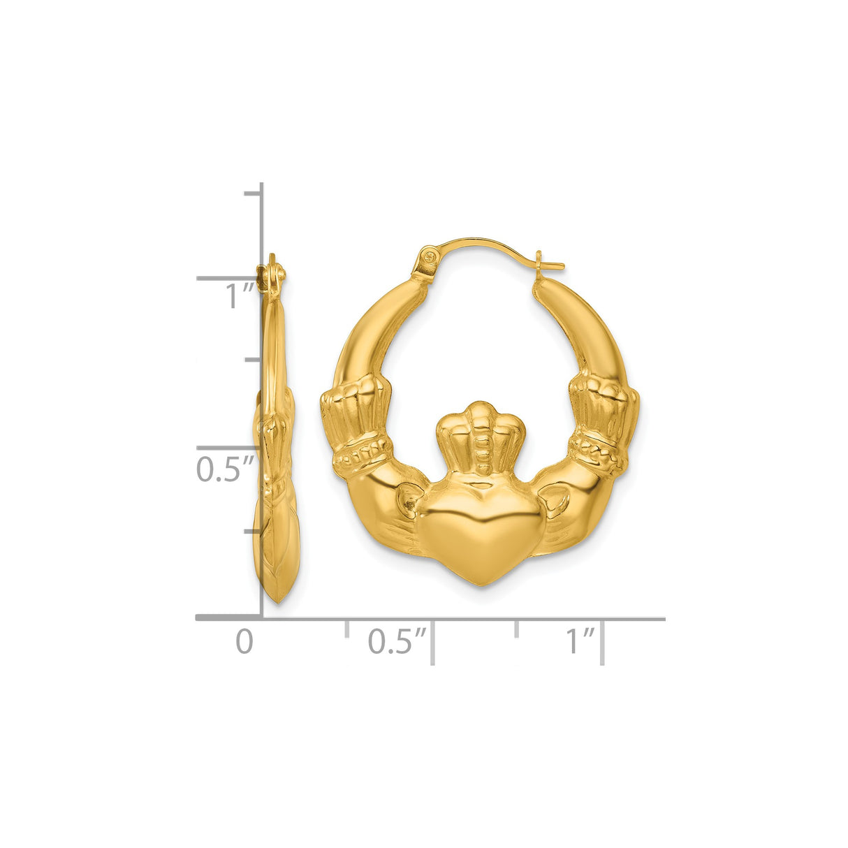 14k Yellow Gold Claddagh Hoop Earrings, Irish Heart Crown Hands Symbol, Celtic Heritage Jewelry