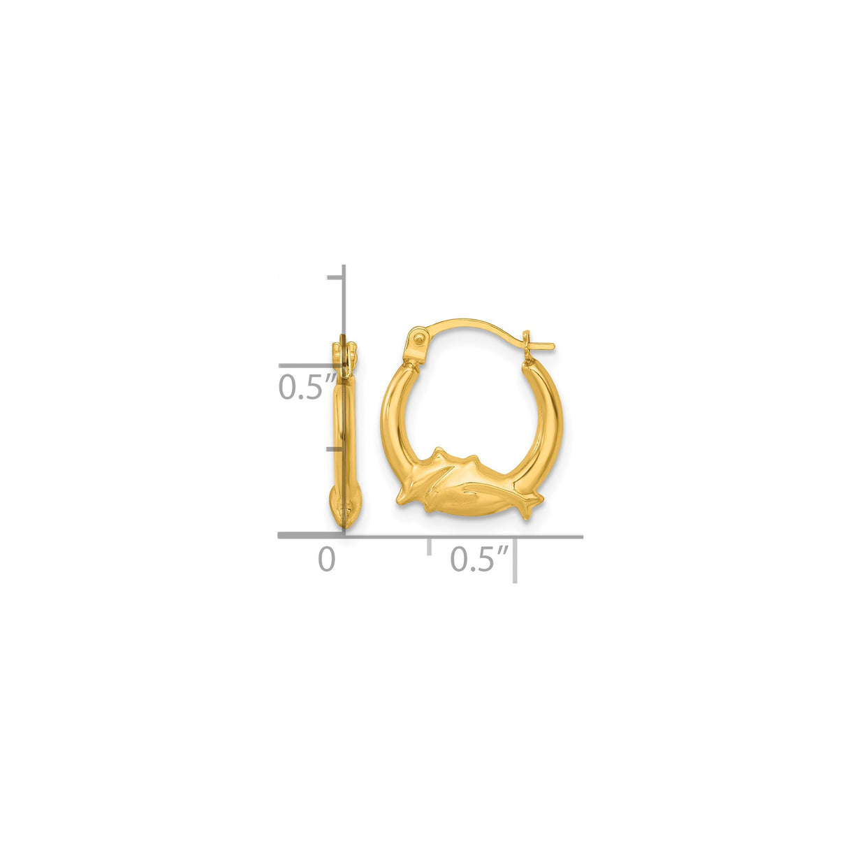 14k Yellow Gold Dolphin Hoop Earrings, Polished Finish, Latch-Back, Nautical Theme for Women and Teens