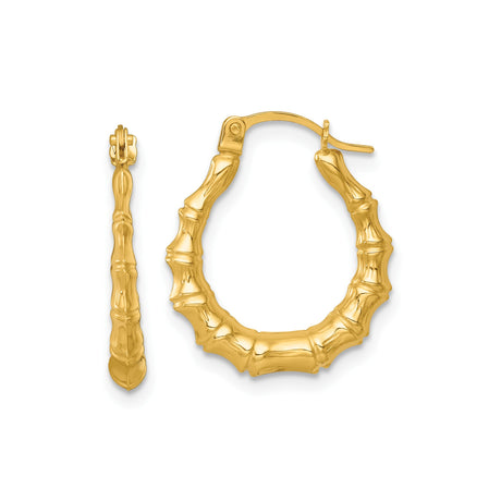 14k Yellow Gold Hoop Earrings with Textured Bamboo Style Design for Women