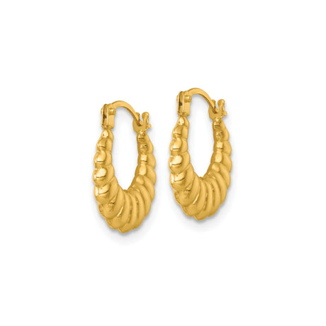 14k Yellow Gold Twisted Puff Hoop Earrings with Scalloped Ribbed Texture