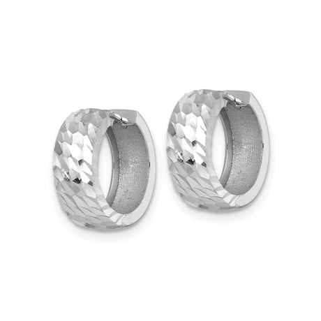 14k White Gold Hoop Earrings, Diamond Cut Textured Round Design, Lightweight High Polish Finish