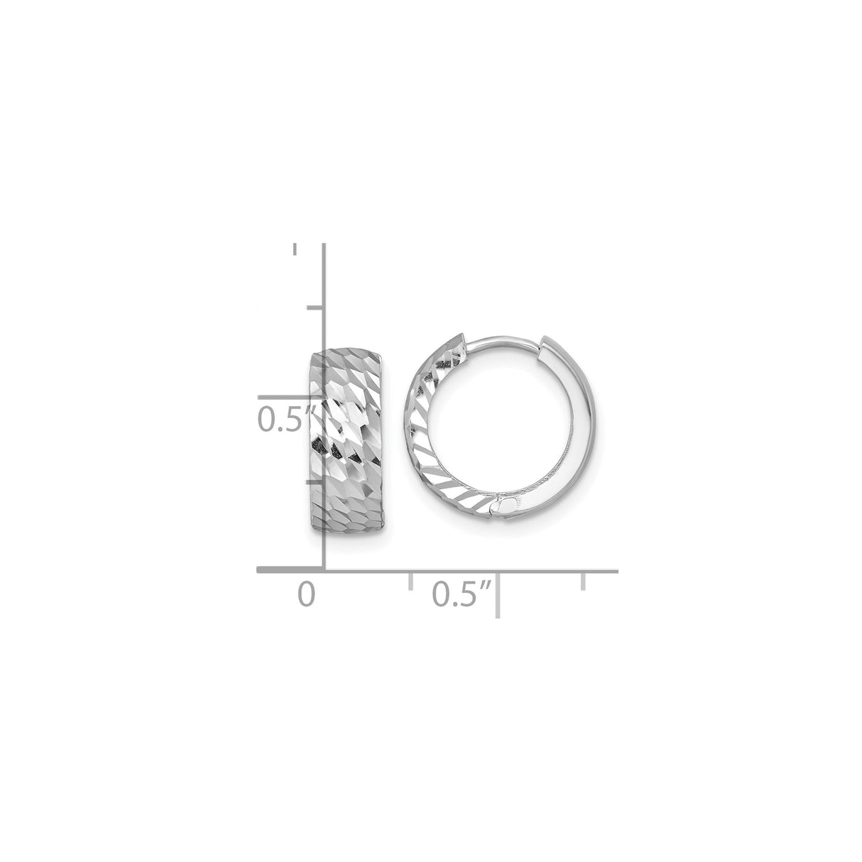 14k White Gold Hoop Earrings, Diamond Cut Textured Round Design, Lightweight High Polish Finish