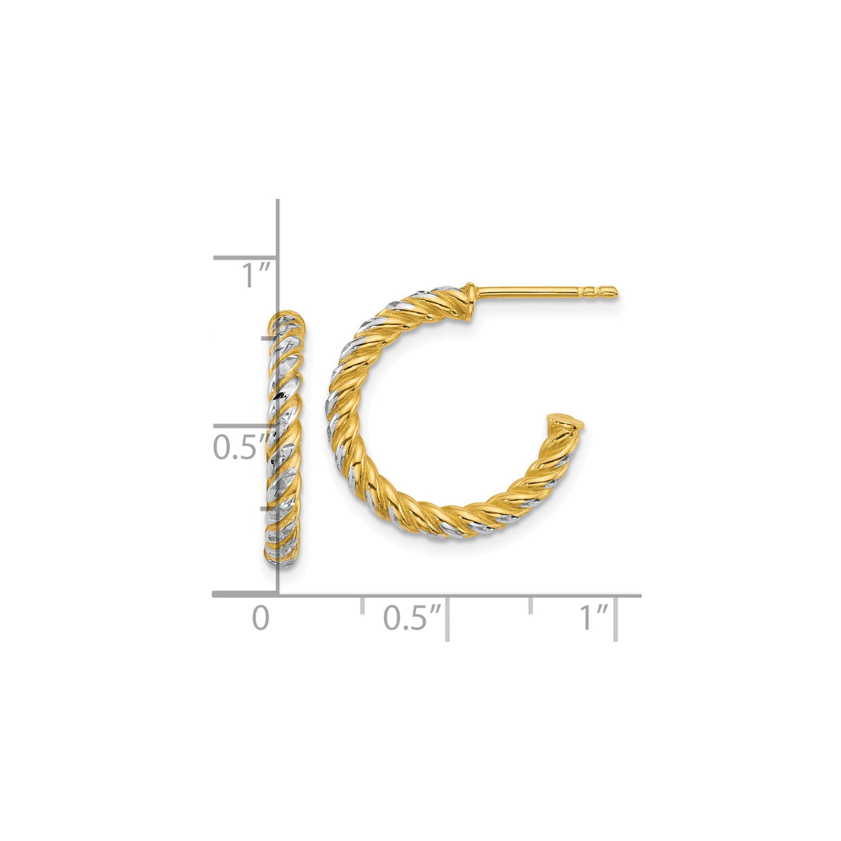 14k Yellow Gold Hoop Earrings, Twisted Rope Two-Tone Tube Design with Polished and Textured Finish