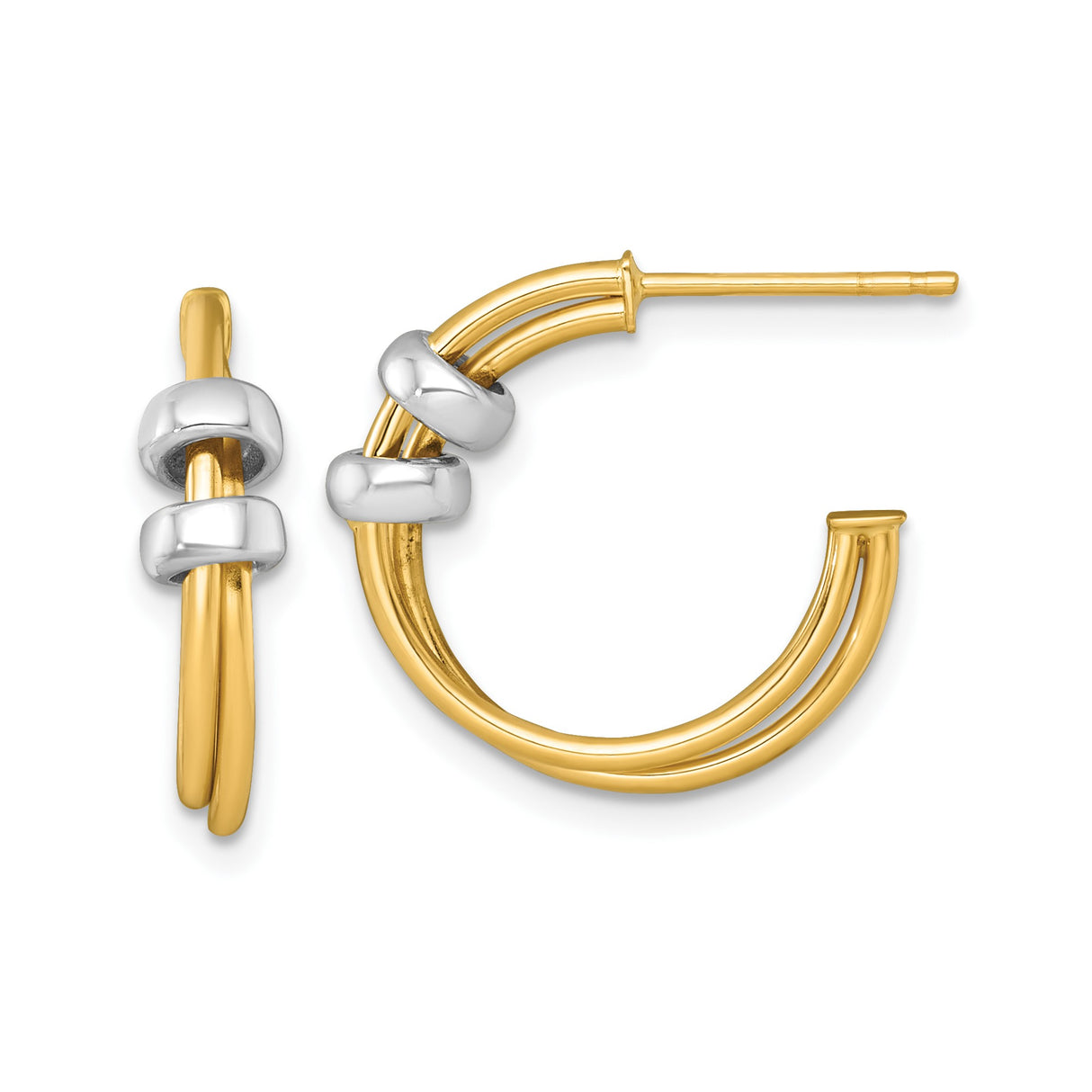 14k Two-Tone Gold Hoop Earrings with Double Hoop Design and Polished White Gold Beads