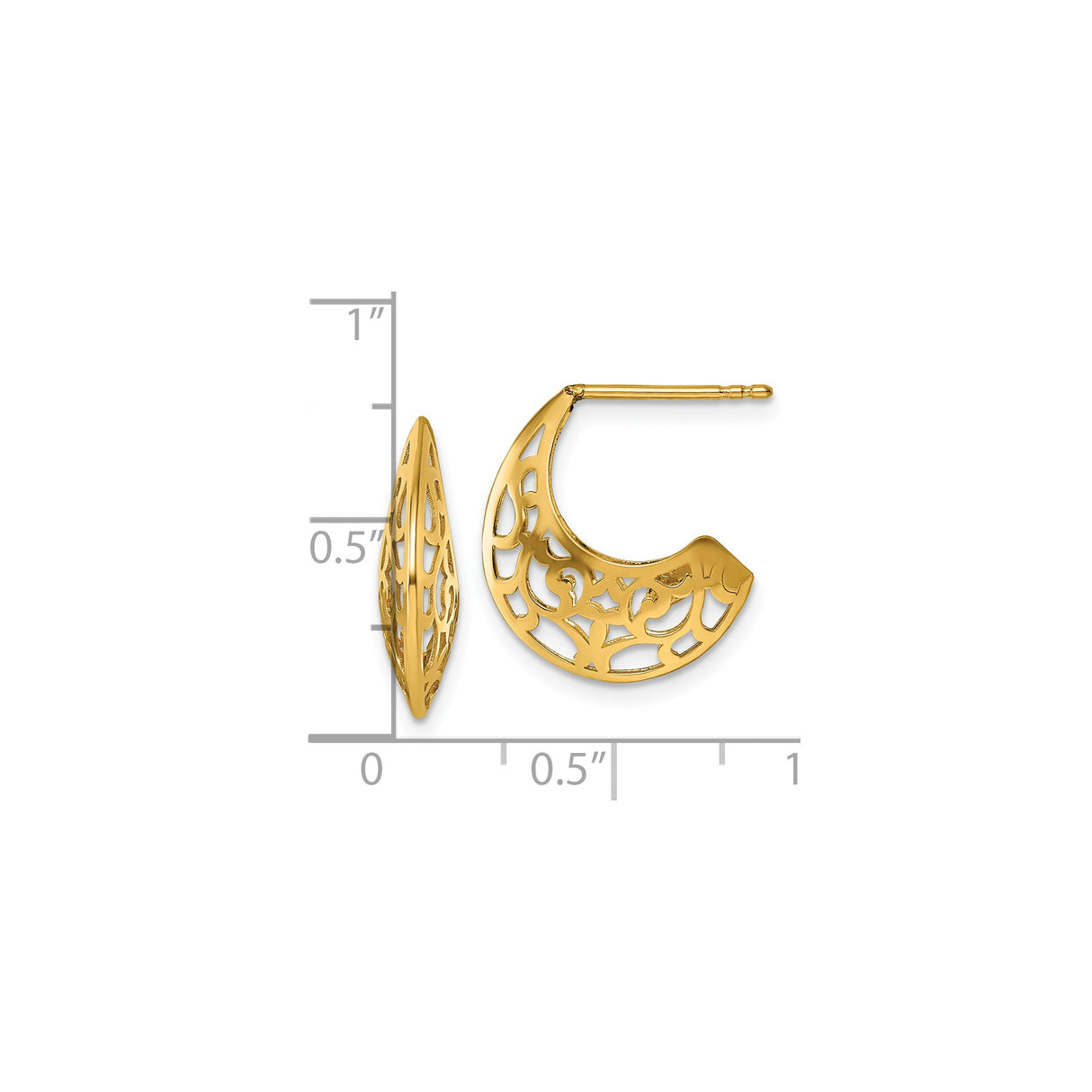 14k Yellow Gold Hoop Earrings with Openwork Filigree Design, Ornate J-Hoops for Women