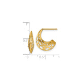 14k Yellow Gold Hoop Earrings with Openwork Filigree Design, Ornate J-Hoops for Women