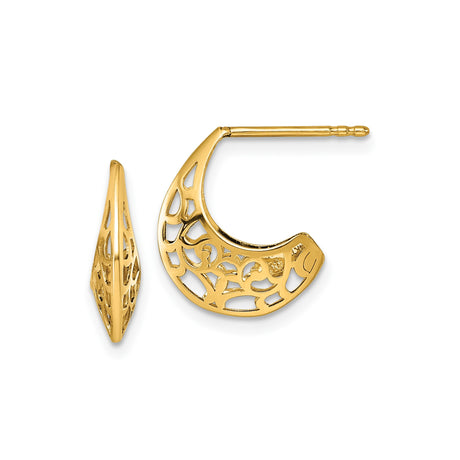 14k Yellow Gold Hoop Earrings with Openwork Filigree Scroll Pattern, Boho Chic Style for Women