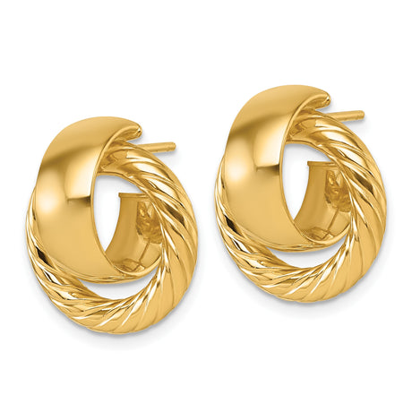 14k Yellow Gold Rope Circle Stud Earrings, Twisted Polished Design for Women
