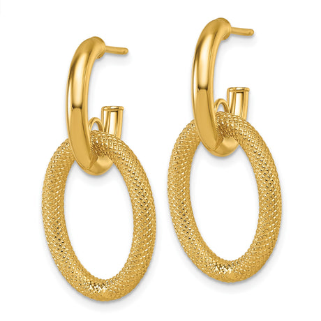 14k Yellow Gold Drop Hoop Earrings with Textured Oval Links and Modern Chain Design