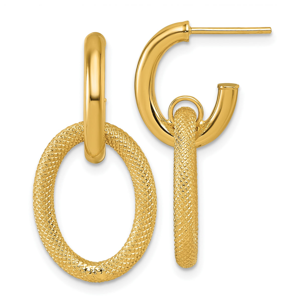 14k Yellow Gold Drop Hoop Earrings with Textured Oval Links and Modern Chain Design